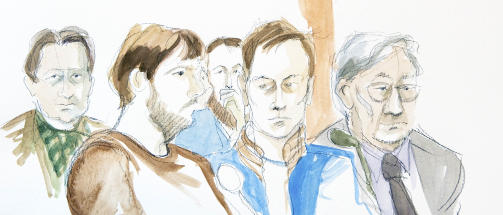 I RETTEN:
Gr�nderne  Peter Sunde og Gottfrid Svartholm Warg  sammen med forsvarer Peter Althini  Tingretten i Stockholm mandag  under rettssaken mot personene bak det svenske fildelingsnettstedet Pirate Bay.
Tegning: Lotta Jarlsdotter / SCANPIX