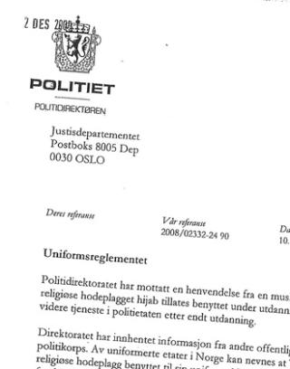 OMSTRIDT: Politidirektoratets vedtak som �pner for hijab i politiet. vedtaket ble presentert som gjeldende politikk p� regjeringens hjemmesider. Foto: Faksimile