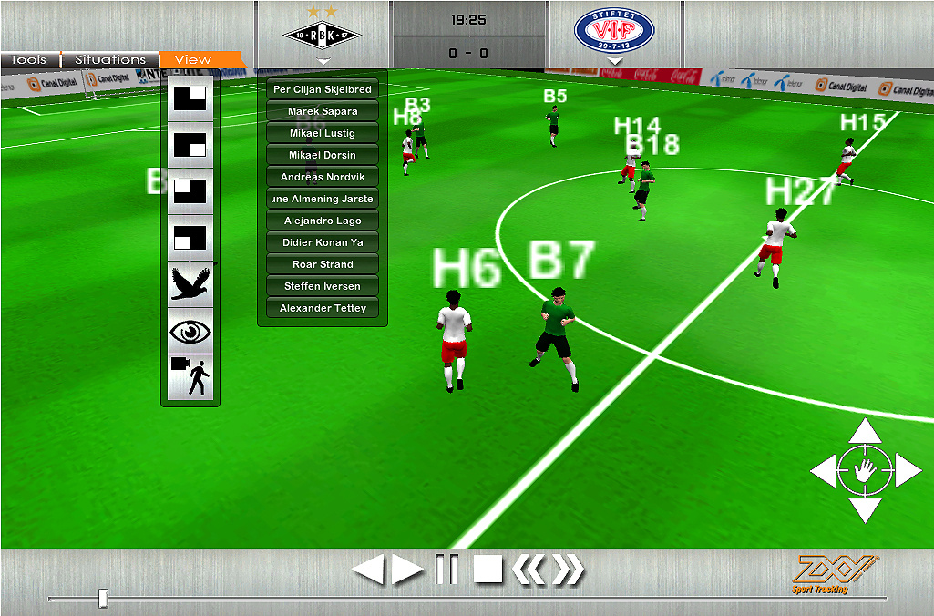 SE H�YDEPUNKTENE I 3D: Med den nye applikasjonen som lanseres p� nettstedene til Rosenborg, V�lerenga, Brann og Odd i starten av �rets tippeliga, kan du oppleve de viktigste hendelsene i kampene p� Lerkendal i animert form - like etter at de har skjedd.Skjermbilder: ZXY SPORT TRACKING