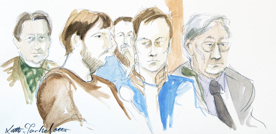 ETT �RS FENGSEL: Under sitt sluttinnlegg sa aktor H�kon Roswall at han vil kreve ett �rs fengsel for de fire tiltalte i The Pirate Bay-saken. Tegning: Lotta Jarlsdotter / SCANPIX