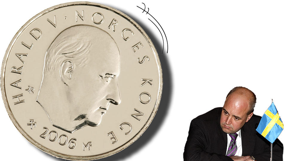 ST�RRE OG STERKERE: Norsk �konomi har passert den svenske, og krona sp�s som valutervinner at engelsk storbank. P� den andre siden av grensen rammer finanskrisen statsminister Fredrik Reinfeldt hardt. Fotomontasje: Dagbladet.no/Scanpix