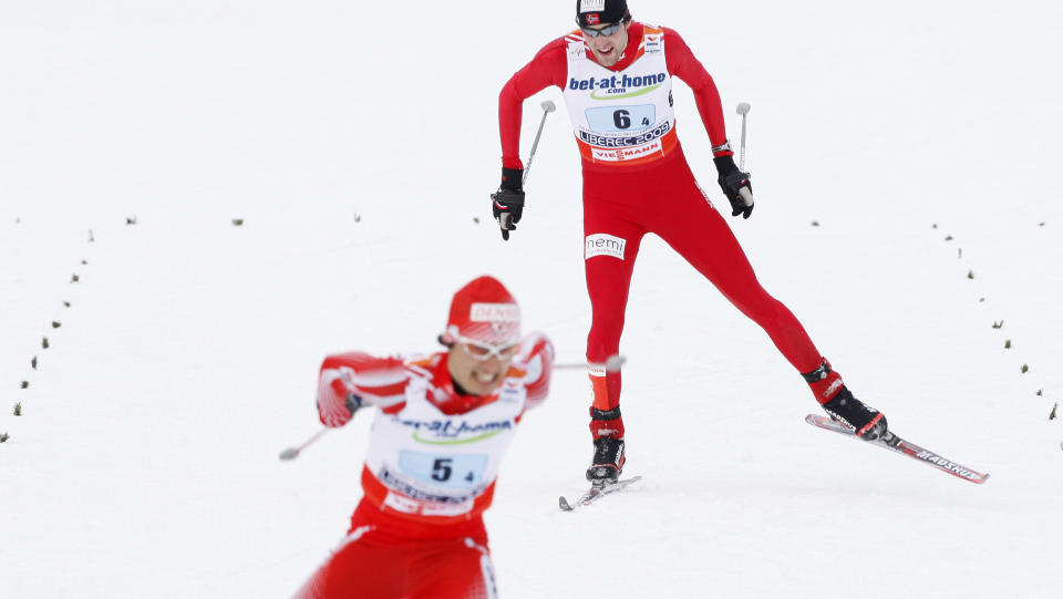 KNUST: Japanske Norihito Kobayashi spurtet inn til gull, mens Magnus Moan gikk inn til norsk bronse i kombinert lagkonkurranse i ski-vm i Liberec i dag. 
Foto: H�kon Mosvold Larsen, Scanpix