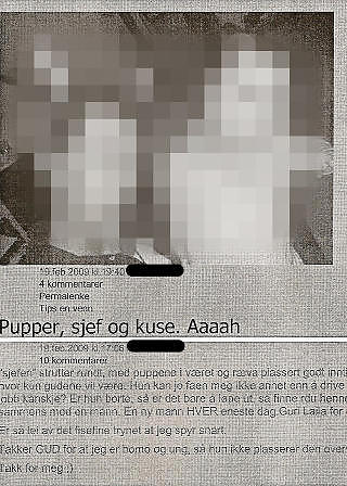 AVSKJEDSGRUNN: Blogginnlegget �Pupper, sjef og kuse� fra forrige torsdag ble altfor sterk kost for arbeidsgiver Proffice, som avskjediget den 21-�rige telefonselgeren p� dagen. Bloggen ble ogs� krevd slettet og ligger ikke lenger ute. Faksimile: 21-�RINGENS BLOGG