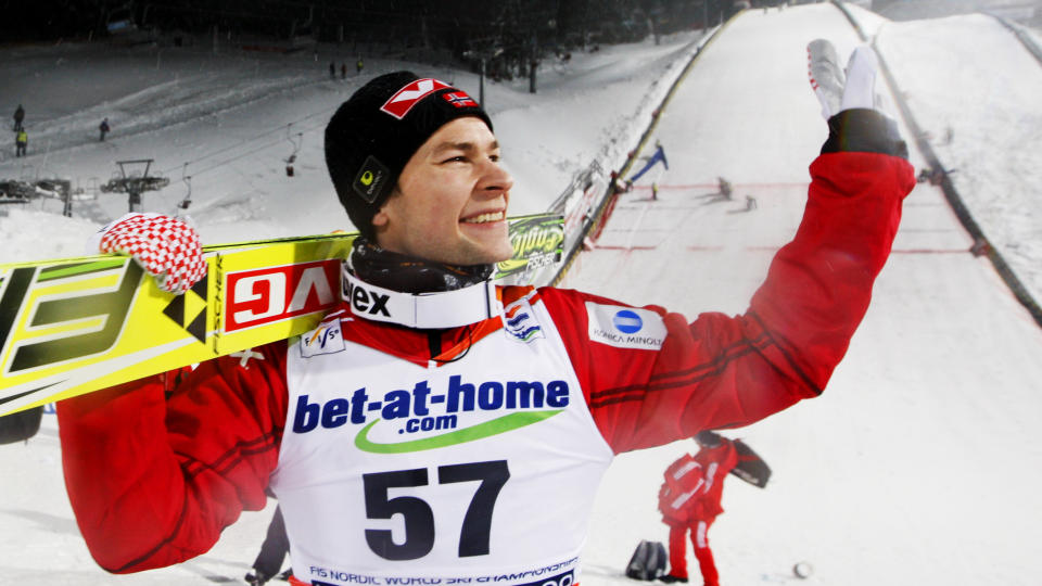 F�RSTE VM-MEDALJE: Anders Jacobsen havnet p� en tredje plass i hoppkonkurransen i HS134-bakken i Liberec i Tsjekkia fredag kveld. Hopprennet ble avbrutt midt i den andre omgangen p� grunn av d�rlig v�r.
 Foto: H�kon Mosvold Larsen / SCANPIX