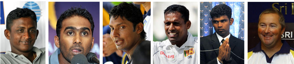 SKADD I ANGREPET: Fra venstre: spillerne Ajantha Mendis, Mahela Jayawardene, Kumar Sangakkara,Thilan Samaraweera og Tharanga Paranavitana sammen med trener Paul Farbrace. AFP PHOTO/STF