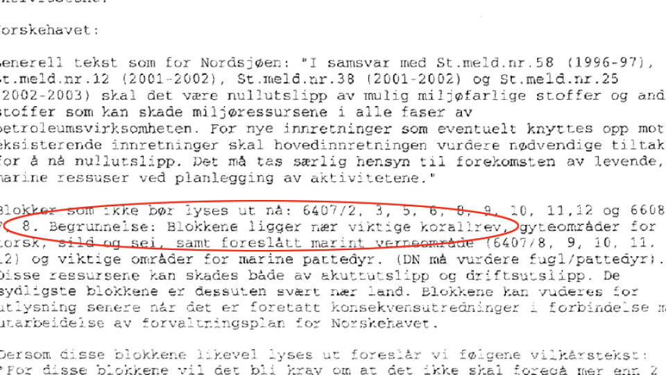  SFT FRAR�DET OLJELETING VED KORALLREVET: Men r�det ble ikke tatt hensyn til da TFO-ordningen ble etablert i 2003. Faksimile.