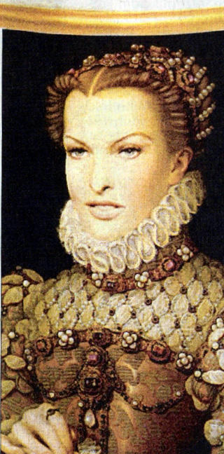 JOMFRUDRONNINGEN: Englands Elizabeth 1. er blant verdens mest kjente jomfruer. Hun hadde mange beilere, men giftet seg aldri. Bildet viser toppmodellen Linda Evangelista som Elizabeth. Foto: EPA/ANSA