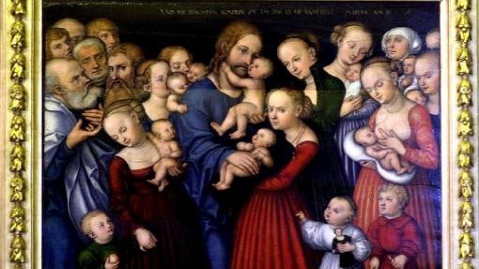EN MANN P�GREPET: Detalj fra malerier La de sm� barna komme til meg malt av kunsteneren Lucas Cranach d.e. Maleriet, som har hengt i Larvik kirke siden 1677, ble stj�let i helgen.
Foto: Larvik Kirke/SCANPIX