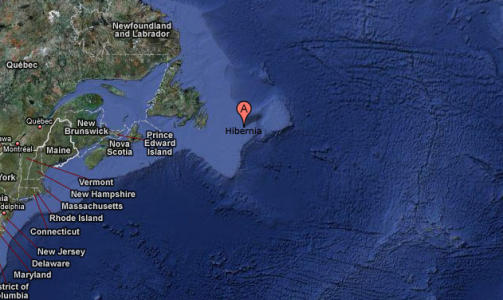 P� VEI TIL OLJEPLATTFORMEN: Oljeplattformen Hibernia ligger omkring 32 mil fra kystbyen St. John's p� Newfoundland i Canada. Kart: GOOGLE MAPS