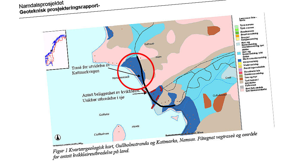RASOMR�DET I R�DT:  Alle m�rkebl� omr�der er kvikkleire. Anleggsarbeidene og sprenging foregikk langs den svarte streken. Ringen er tegnet av Dagbladet.no. Faksimile: Multiconsults rapport til Statens Vegvesen overlevert 16. februar.