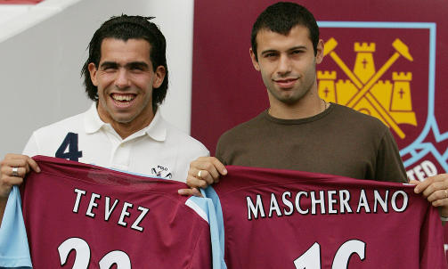KONTROVERSIELT: Carlos Tevez og Javier Mascherano spilte for West Ham, men var aldri eid av klubben. Liverpool kj�pte Mascherano l�s fra kontrakten med eierselskapet MSI, mens Manchester United har n�lt med � gj�re det samme i Carlos Tevez' tilfelle.Foto: SCANPIX/AP Photo/Jane Mingay