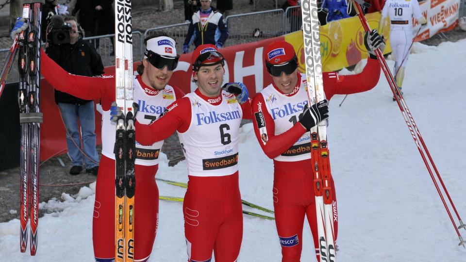 STORESLEM: Seierspallen ble helnorsk i Stockholm i dag. Johan Kj�lstad (midten) vant foran John Kristian Dahl (t.v.) og Eldar R�nning. Foto: Bertil Ericson/Scanpix