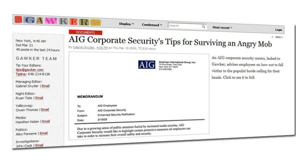 SIKKERHETSR�D: Nettsiden Gawker publiserte dette memoet fra AIG som anbefaler de ansatte om � ta forh�ndsregler.