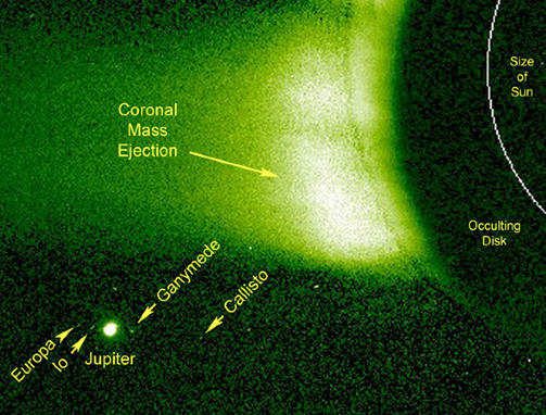 DETTE SER DU: Fire m�ner, �n planet, en solstorm. Foto: Nasa/Stereo