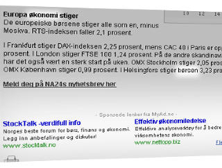 KONTEKSTUELLE ANNONSER: S�keordsannonsering slik det kan se ut p� �konominettstedet NA24, if�lge nettsidene til nyetablerte MyAd. Ordene ��konomi� og �b�rs� i artikkelteksten utl�ser plassering av relaterte tekstannonser (med bl� lenker). Illustrasjon: MYAD