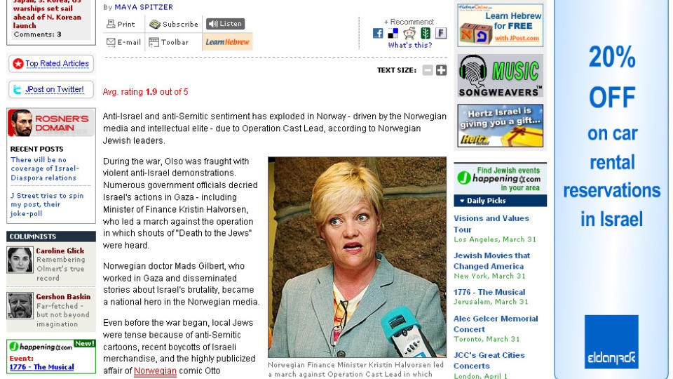 FORTSETTER KAMPANJE: Jerusalem Post skriver igjen at antisemittismen eksploderer i Norge.