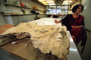 KISTE FRA QUMRAN: En eldgammel kiste av sink unders�kes av Marina Rassovsky i laboratoriet til Israel Museum i Jerusalem. Bildet er fra 2001. Foto: AP/Lefteris Pitarakis