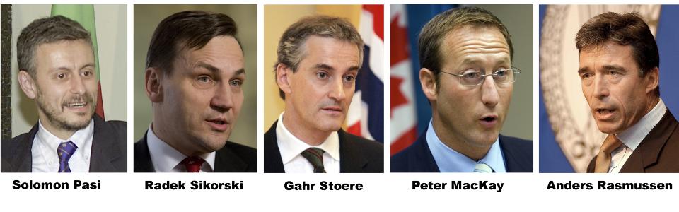 DE HETESTE NAVNENE: Disse fem navnene st�r alle h�yt p� lista n�r det spekuleres i hvem som skal overta etter Jaap De Hoop Scheffer. Fra venstre: Bulgarias tidligere utenriksminister Solomon Pasi, Polens tidligere utenriksminister Radek Sikorski, Norges utenriksminister Jonas Gahr St�re, Canadas utenriksminister Peter MacKay og Danmarks statsminister Anders Fogh Rasmussen. Foto: Scanpix/AP