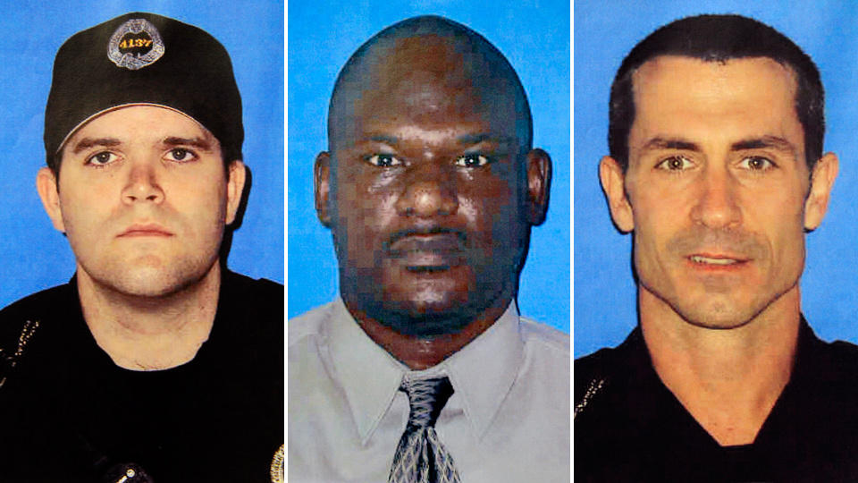 DREPTE TRE POLITIMENN: Stephen Mayhle (29), Eric Kelly (41) og Paul J. Sciullo III (37) ble skutt og drept da de rykket ut p� en melding om husbr�k. Foto: PITTSBURGH POLICE DEPARTEMENT / AP / SCANPIX