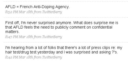 TWITRER: Som vanlig forholder Lance Armstrong seg til omverdenen ved hjelp av ekspressbloggverkt�yet Twitter. Dette skrev Lance om hendelsen med det franske antidopingbyr�et sist m�ned.
