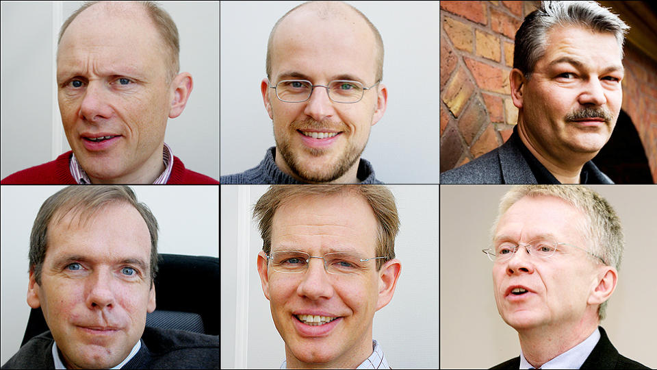 EKSPERTER MED P�SKELEK: Fra venstre �verst: Professor Johan Giertsen, stipendiat Knut H�ivik, amanuensis Hugo P. Matre, universitetslektor S�ren Wiig, professor Filip Truyen og professor Tore Br�then.