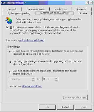 OPPDATERE WINDOWS XP: Slik skrur du p� automatisk oppdatering av Windows XP:1. H�yreklikk p� Min datamaskin og velg Egenskaper.2. Klikk p� fanen Automatiske oppdateringer.3. Hak av for Hold datamaskinen oppdatert og foreta de valgene du �nsker.4. Klikk OK til slutt.