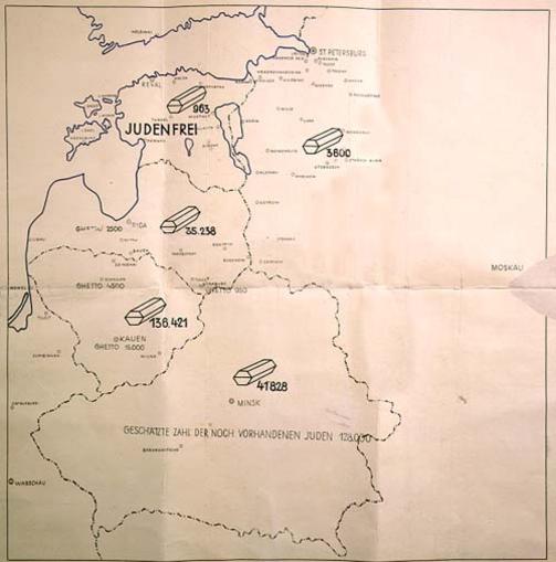 J�DEFRITT: Dette kartet viste drap p� j�der utf�rt av Einsatzgruppe A i 1941. Kartet var hemmeligstemplet og viste antall j�der drept i Baltikum og Hviterussland det �ret. Foto: WIKIMEDIA