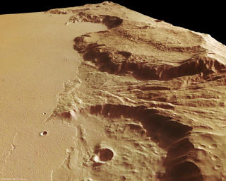 �N MULIGHET: Vulkansk aktivitet kan v�re en forklaring p� Mars' metanutslipp. Problemet er at man tror den har v�rt geologisk d�d lenge. Her ser du Olympus Mons - den st�rste vulkanen oppdaget i solsystemet. Foto: Scanpix/AFP PHOTO / ESA/ DLR/ FU Berlin
