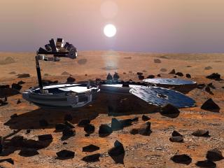 BEAGLE 2: Datagenerert bilde av romsonden Beagle 2 p� Mars. Sonden gikk tapt under landing 25. desember 2003. Vi vet enn� ikke �rsaken til dette. Foto: NASA