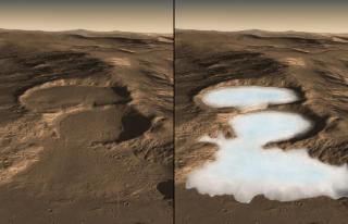 KRATER P� MARS: Disse kraterne ligger i regionen Hellas p� Mars. Isbreen vises ikke, men ble avdekket av radar. Bildene ble laget med materiale fra Mars Reconnaissance Orbiters superkamera. Det stein- og sanddekkede islaget ansl�s � v�re mellom 300 og 450 meter tykt p� midten. Antakelig er dette planetens st�rste vannforekomst. Foto: NASA