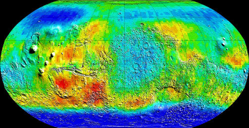 JAKTER ETTER VANN: Mars Odyssey har unders�kt hele Mars-overflaten p� jakt etter vann. De bl� omr�dene inneholder mye is rett under overflaten. Lengst mot nord skjules isen av frossen CO2 - t�rris. Foto: NASA