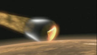 I SUPERFART: Phoenix traff Mars' atmosf�re med en fart p� over 20 000 kilometer i timen. Varmeskjoldet s�rger for beskyttelse til farten er betydelig mindre. Illustrasjon: NASA