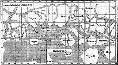 TRODDE INTELLIGENTE VESEN BYGGET KANALER P� MARS: Dette er kartet over Mars ble laget av astronomen Giovanni Schiaparelli i 1877. Astronomen fant sj�er og og kontinenter p� Mars, og kalte nettverket han s� p� overflaten for canali. Det ble tolket som om han mente det dreide seg om kunstig anlagte kanaler som intelligente vesen sto bak. Det mente han ikke, men mange andre ble overbevist, og viet livet sitt til � bevise at det er liv p� Mars. Foto: WIKIMEDIA