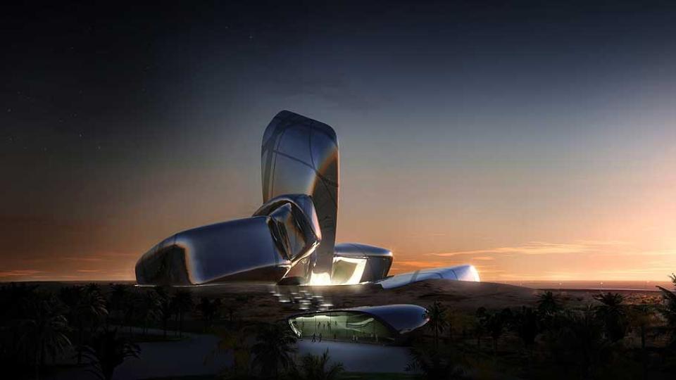 FERDIG TEGNET: King Abdulaziz Center for Knowledge and Culture i Saudi-Arabia er et av Sn�hettas siste store oppdrag. Byggingen starter i september, uavhengig av finanskrisen. Ill.: MIR