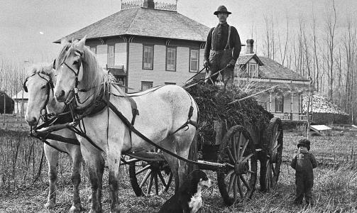 TALTE FOR SEG SELV: De fleste bildene som ble sendt hjem fra Amerika, viste som dette bildet fra 1890-tallet fram mulighetene i det nye landet. Sterke hester, god avling, store hus og en lykkelig oppvoksende generasjon.Foto: MARTHINSON OG BORGEN