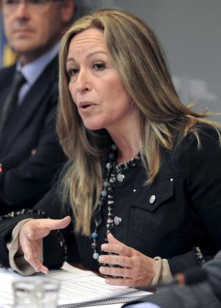 BEKREFTER SMITTE:  Spanias helseminister Trinidad Jimenez forteller at en ung mann er plasert i isolat etter at han fikk p�vist svineinfluensavirus. Foto:  EPA/KIKO HUESCA