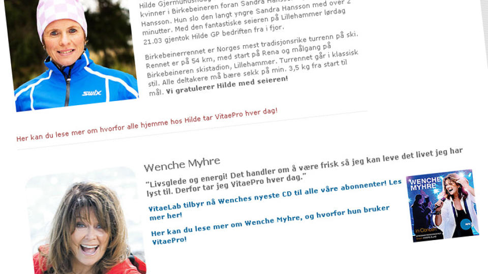 KJENDIS-VITAMIN: 
Kosttilskuddet Vitae Pro frontes av en rekke kjendiser som Wenche Myhre og Hilde Gjermundshaug Pedersen. I dag tapte kosttilskuddet klagesaken mot NRK i Pressens Faglige Utvalg. Faksimile: Vitaepro.