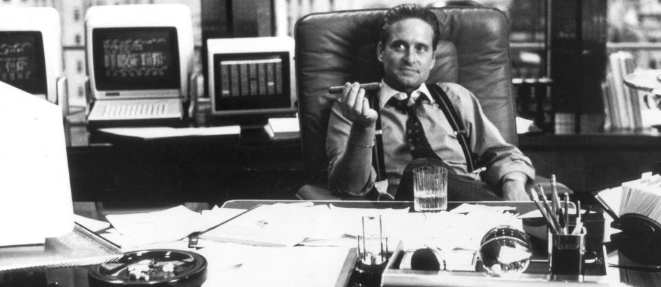 GR�DIG FORBILDE: Michael Douglas' rollefigur i �Wall Street� var ment � v�re et skrekkeksempel p� en r�tten b�rsmegler, men ble heller et forbilde for unge b�rsvankere. Oppf�lgerfilmen skal tematisere finanskrisa. Foto: SCANPIX