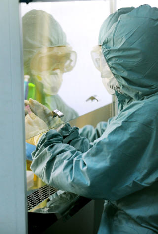 TESTER FOR SVINEINFLUENSA: Forel�pig er det grunn til � ta svineinfluensa, Ecoli, HIV og malaria langt mer alvorlig enn pesten. Her tester medisinsk personell i Kina for H1N1-viruset. Foto: AFP