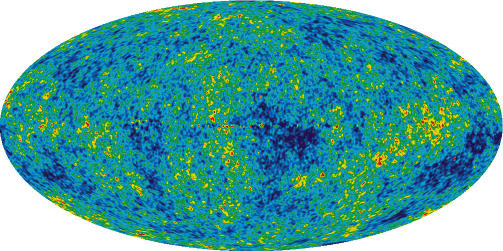 STRÅLING: Bildet WMAP-satellitten har tatt av ujevnhetene i den kosmiske
bakgrunnsstrålingen. Bildet er et kart over hele himmelen. Flekkene er
såkornene til det som senere utviklet seg til de komplekse strukturene
vi har rundt oss i dag. Foto: WMAP Science Team STRÅLING: Bildet WMAP-satellitten har tatt av ujevnhetene i den kosmiske
bakgrunnsstrålingen. Bildet er et kart over hele himmelen. Flekkene er
såkornene til det som senere utviklet seg til de komplekse strukturene
vi har rundt oss i dag. Foto: WMAP Science Team
