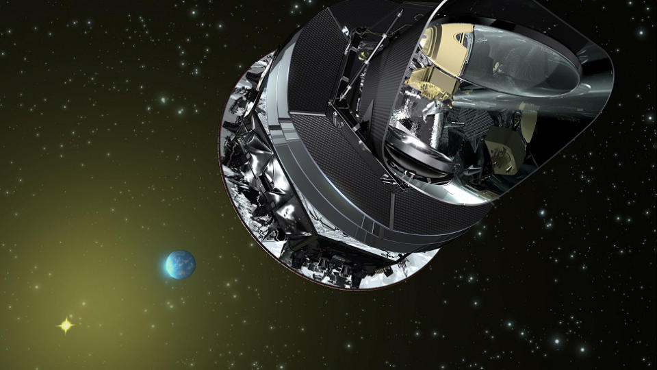TILBAKE I TID: Planck-satellitten som skytes opp 14. mai skal gj�re sv�rt detaljerte observasjoner  
av hvordan universet s� ut like etter Big Bang. Illustrasjon: ESA