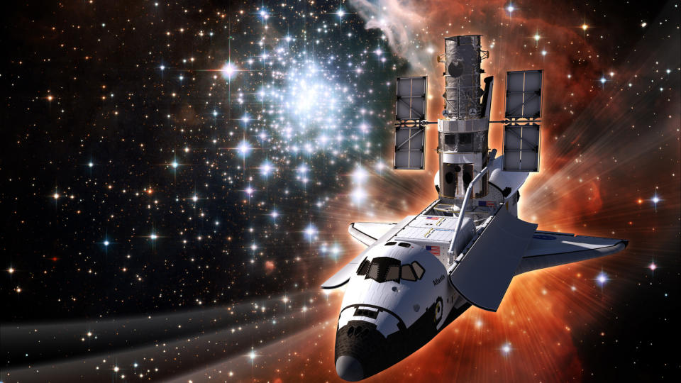 SISTE VISITT: Romfergen Atlantis bes�ker Hubble for siste gang. Romteleskopet, som har fungert i 19 �r, blir oppgradert. I bakgrunnen p� denne illustrasjonen kan vi se stjerneklyngen NGC 3603 fra et bilde tatt av nettopp Hubble. Illustrasjon: ESA/Luis Cal�ada og NASA