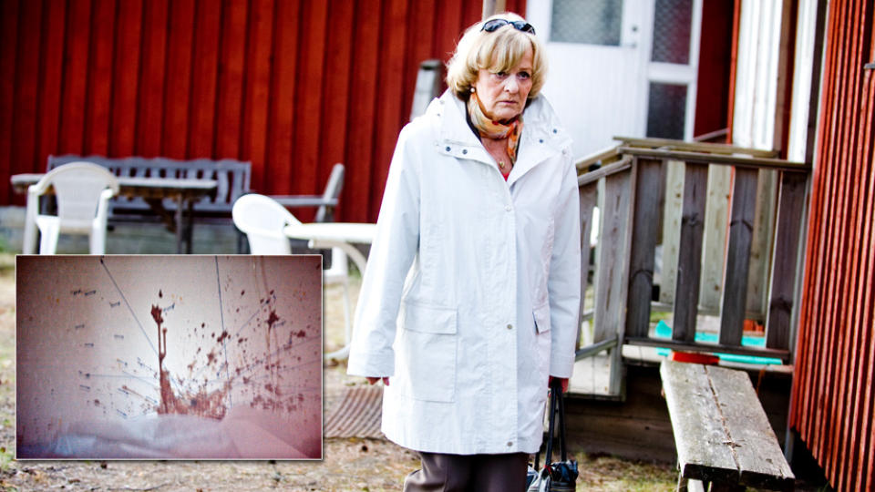 P� �STEDET: Samboeren til den drepte mannen, Per-Olov Thernstr�m, Tiiu Thor�n er p� sommerhytten der Thernstr�m ble drept. Innfelt: �stedet, inne p� soverommet med dreptes blod. (FOTO: Thomas Rasmus Skaug / Dagbladet)