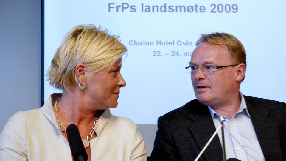 EFFEKTEN GIR SEG? Begynner effekten av Frps landsm�te allerede � gi seg? Her er Frp-leder Siv Jensen sammen med nestleder Per Sandberg under pressekonferansen om partiets landsm�te.
Foto Knut Falch / SCANPIX