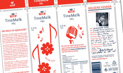 HVORFOR LIKER DU MELK?: - Fordi det er godt, dessuten ser man kul ut med melk i h�nden, svarer Alexander Rybak p� kartongen. 23-�ringen gj�r ogs� sin egen versjon av �No milk today�. ILLUSTRASJON: TINE