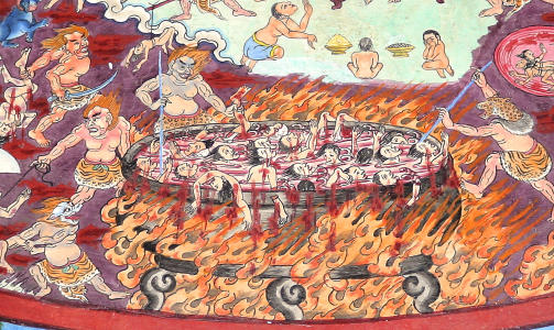 ET DEMONSK BAD: I denne buddhistiske versjonen er helvete et varmt sted der mennesker blir kokt og spiddet av demoner. Bildet er fra et kloster i Tibet.