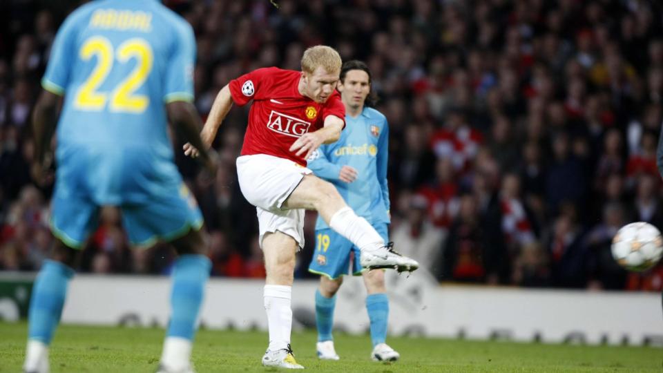 SKJ�T UNITED TIL FINALEN: Paul Scholes scoret da Manchester United slo Barcelona i Champions League-semifinalen i fjor. Foto: REUTERS