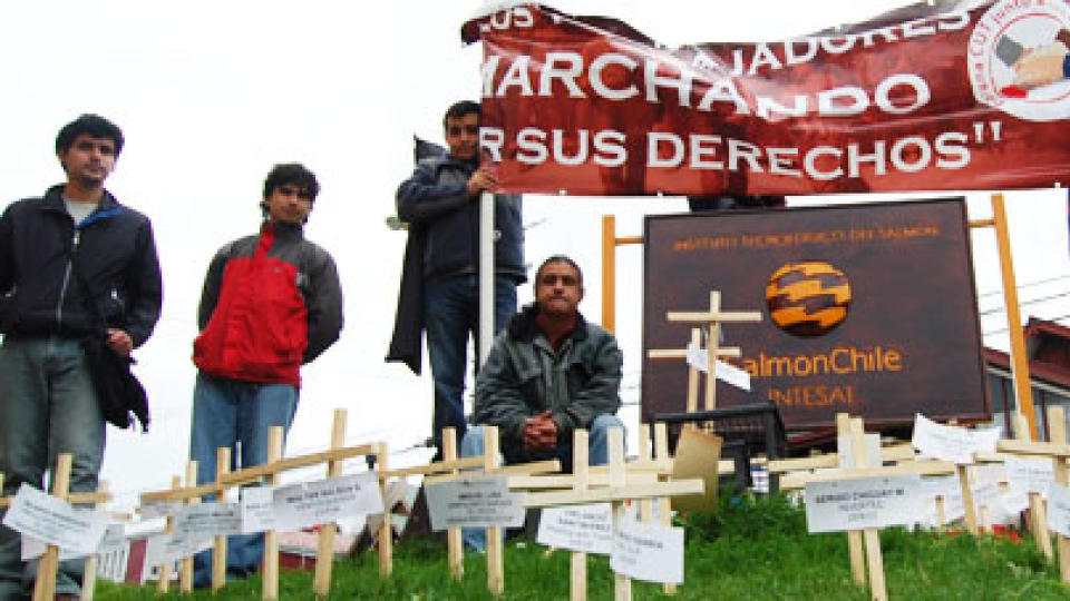 MANNEFALL: 63 arbeidere er omkommet i chilensk oppdrett p� fire �r. Her en demonstrasjon i oppdrettshovedstaden Puerto Montt 1. mai i �r. Foto: Ecoceanos