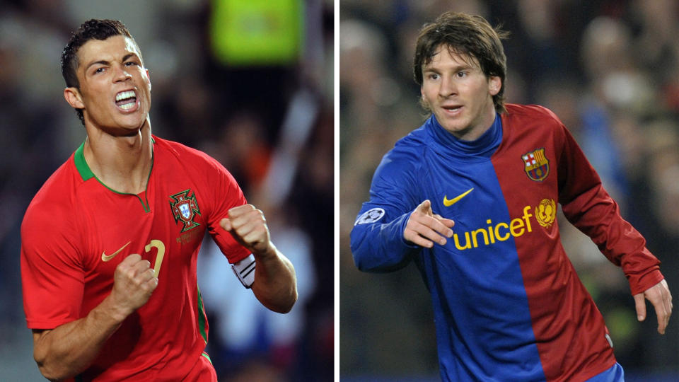SUPERDUELLEN: Cristiano Ronaldo (t.v.) og Lionel Messi er de to kanskje st�rste attraksjonene i kveldens stjernespekkede Champions League-finale.FOTO: SCANPIX/AFP PHOTO/FRANCISCO LEONG - PHILIPPE DESMAZES