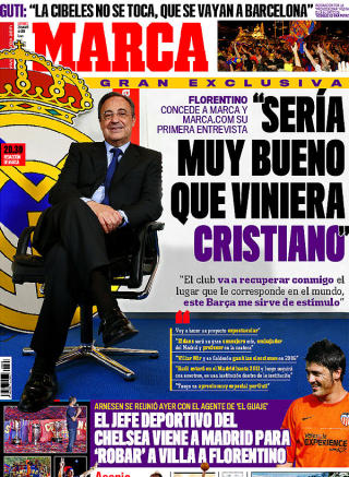 VIL GJERNE HA RONALDO: P�troppende Real-president Florentino Perez.Faksimile: Marca fredag 29. mai.